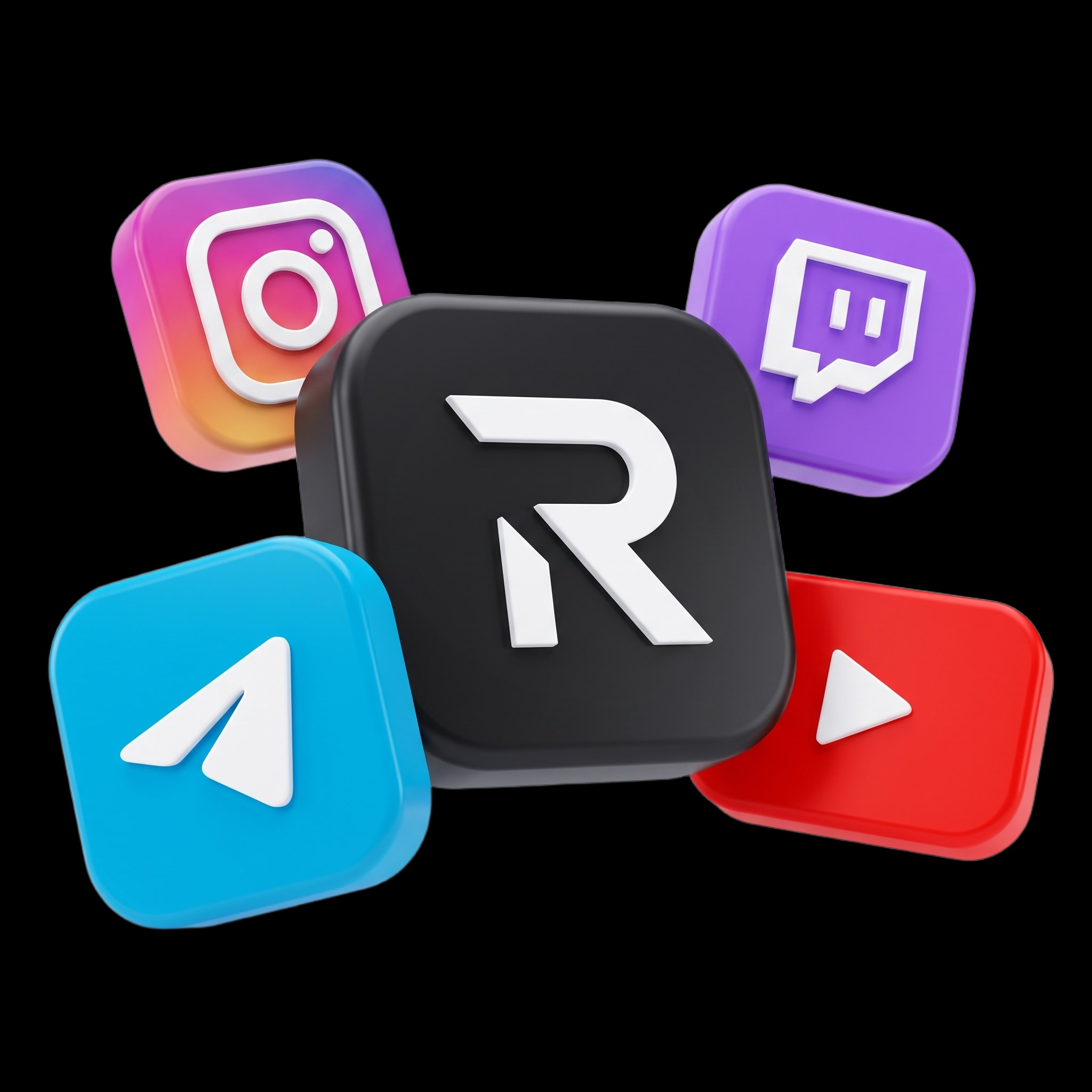 Объёмные значки Telegram, YouTube, Instagram и Twitch рядом со знаком Rublix