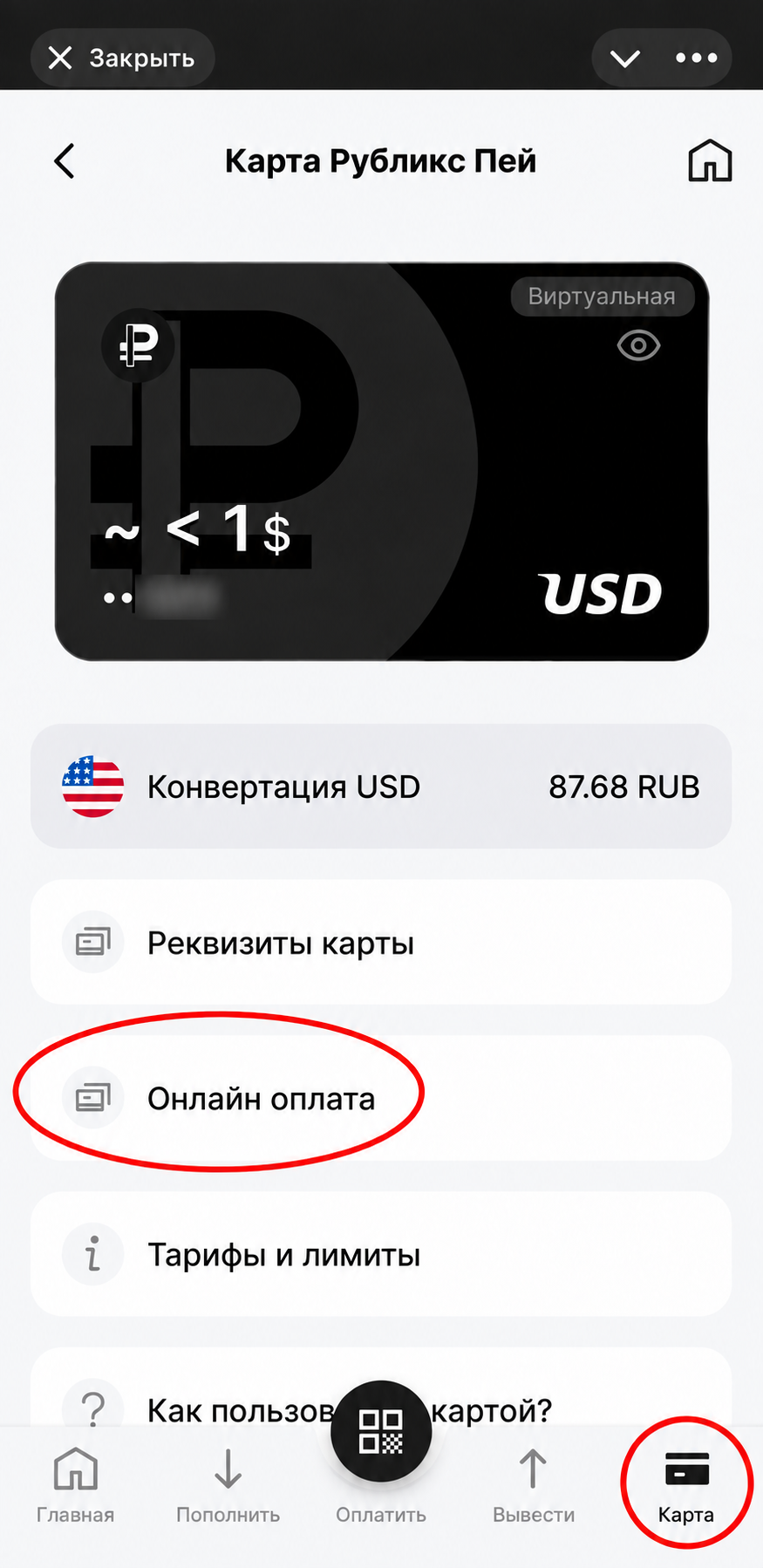 Раздел Онлайн оплата на экране карты Rublix