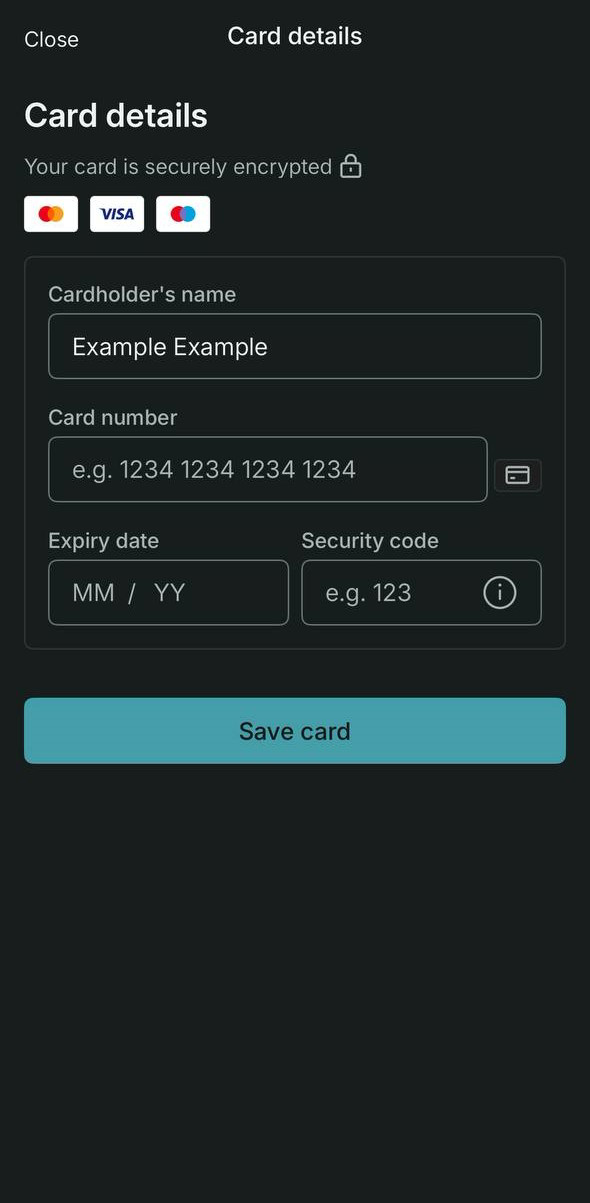Форма Vinted для добавления карты с пустыми полями и кнопкой Save card