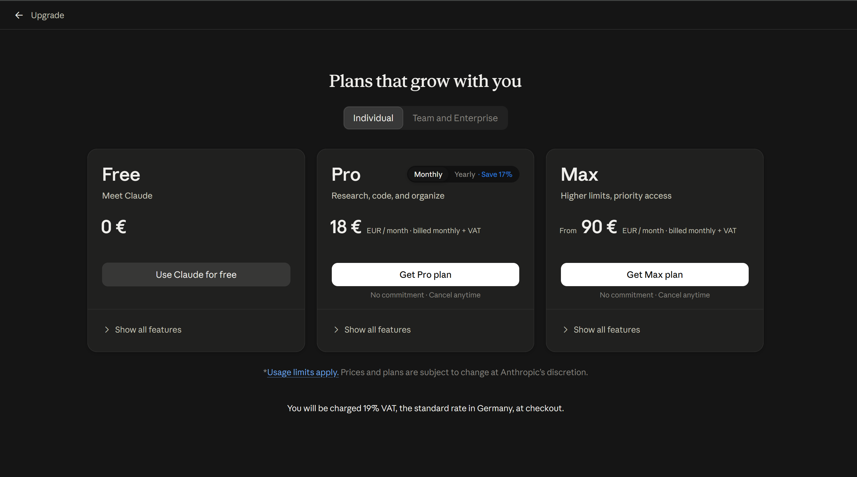 Выбор тарифов Pro и Max и периода оплаты