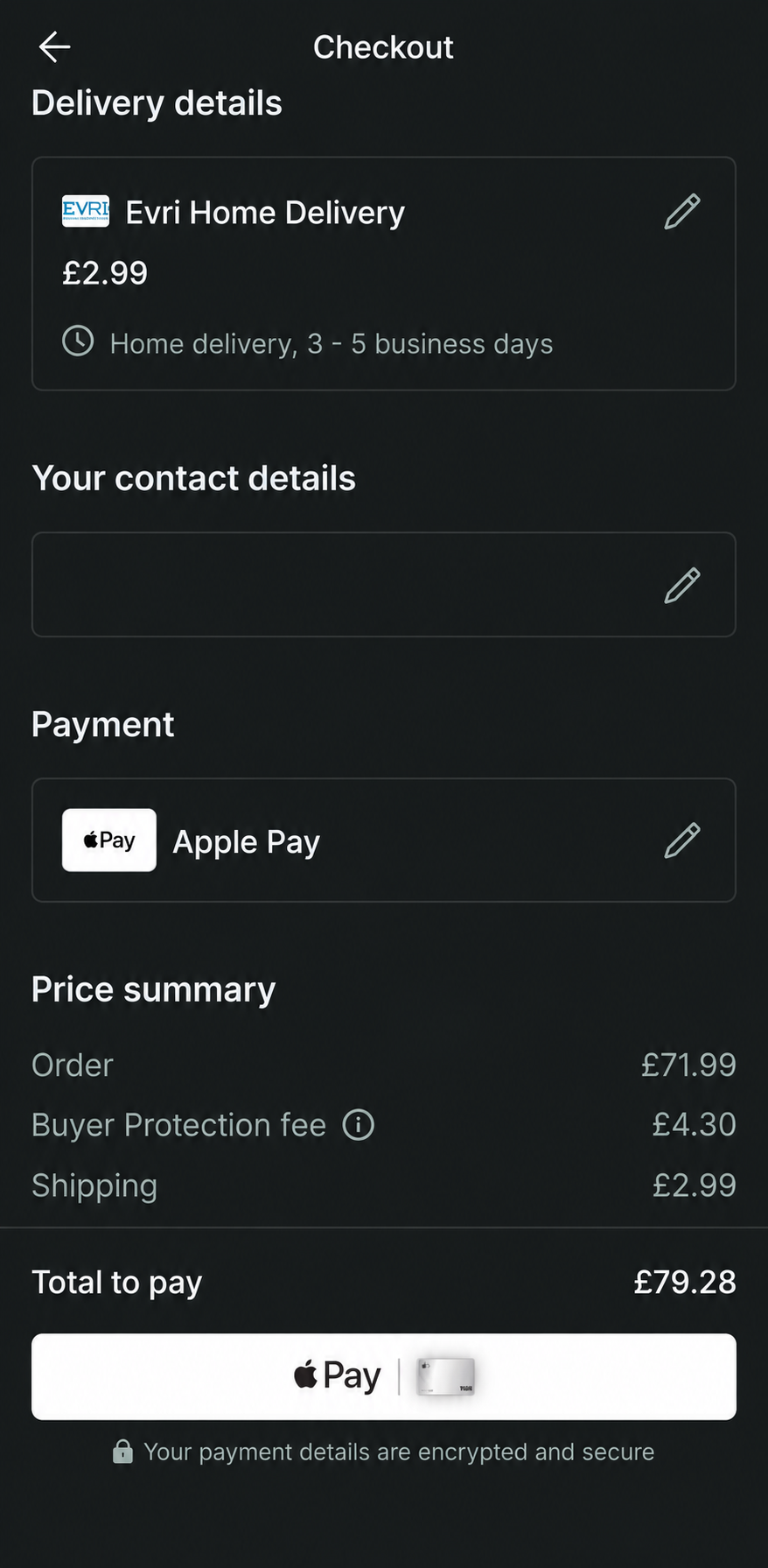 Выбран Apple Pay и видна итоговая сумма заказа на Vinted