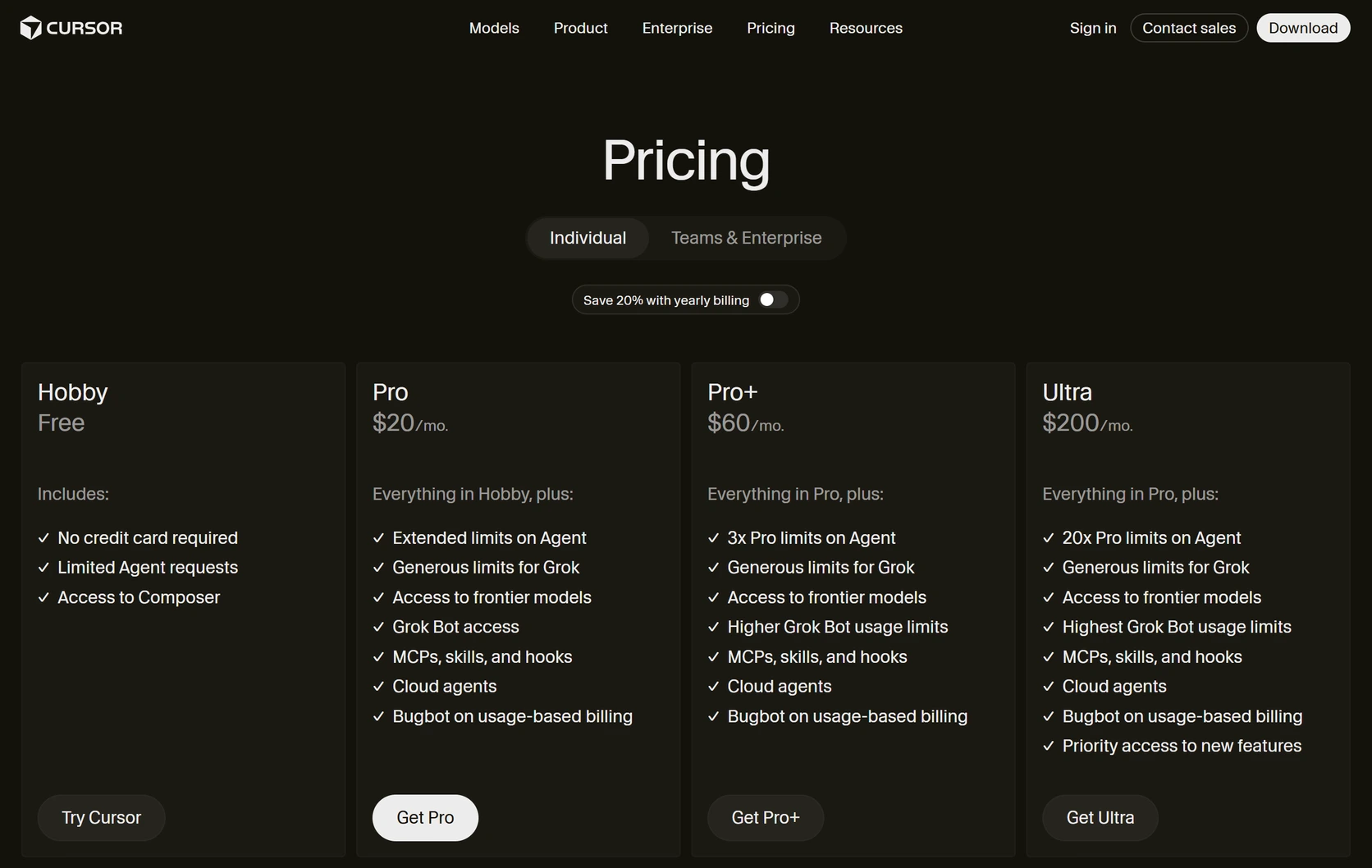 Тарифы Cursor с выключенной годовой оплатой и кнопкой Get Pro под ценой $20 в месяц