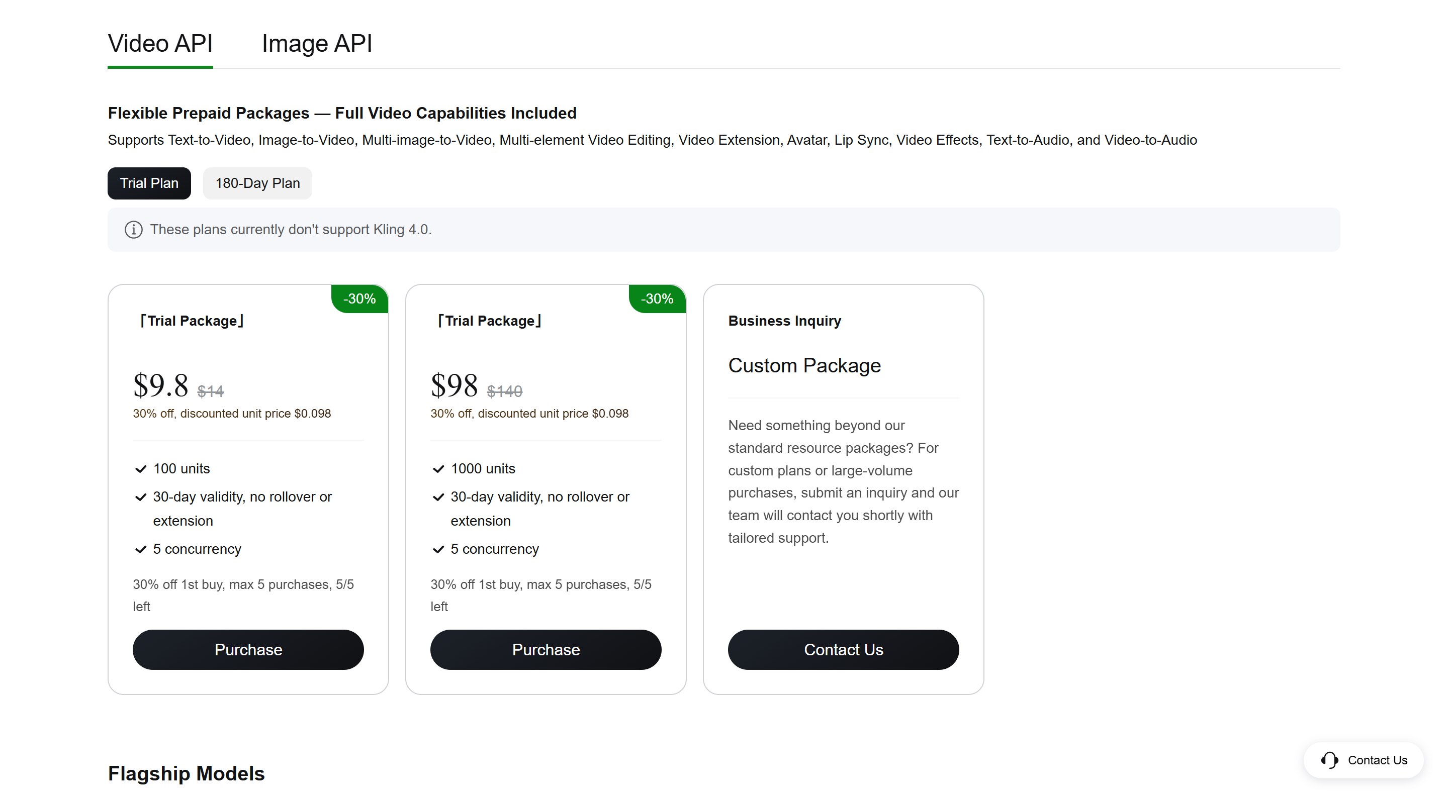 Пакеты Video API Kling AI с кнопками Purchase и Contact Us