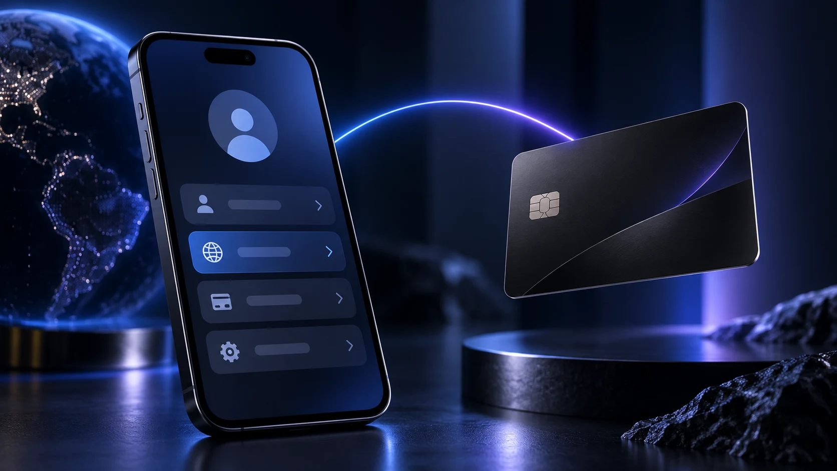 iPhone с настройками аккаунта и декоративная платёжная карта