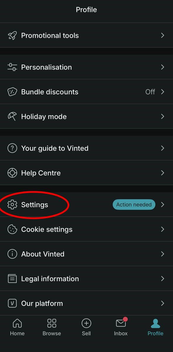 Профиль Vinted с выделенным пунктом Settings