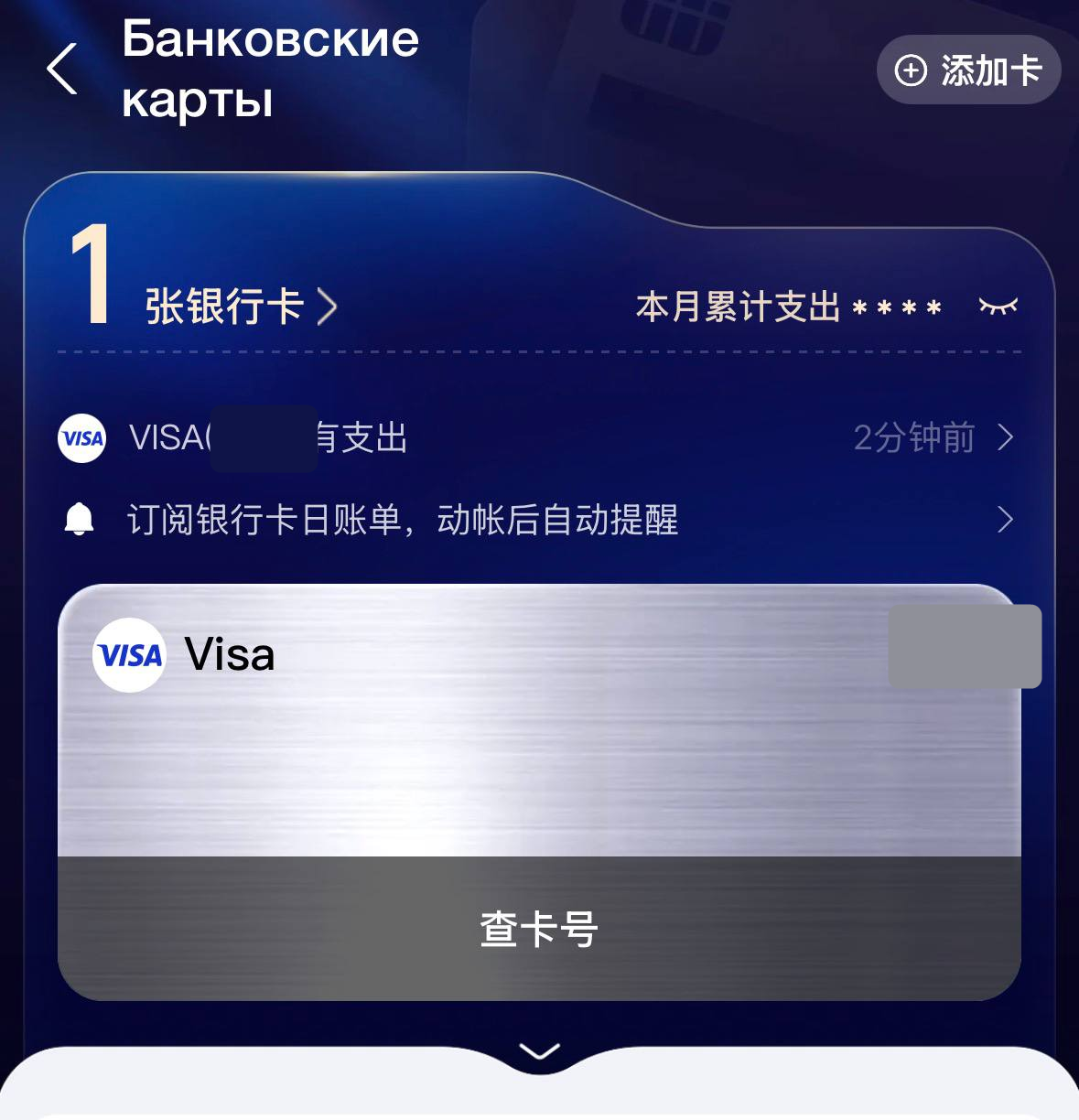 Visa в списке банковских карт Alipay