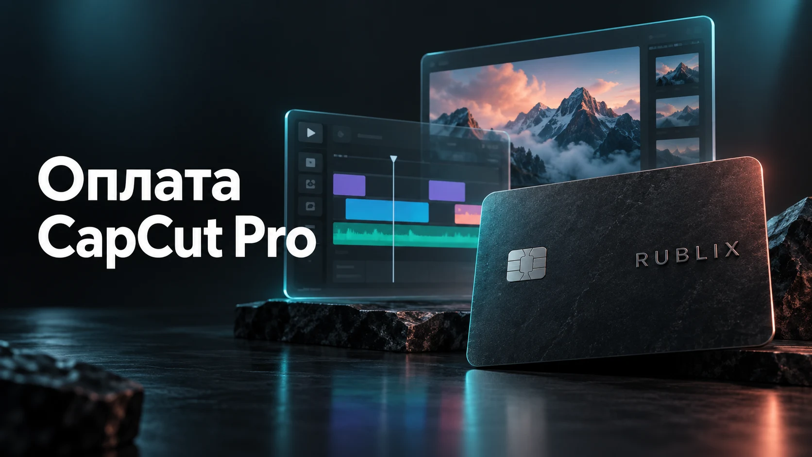 Оплата CapCut Pro и декоративная карта Rublix на фоне монтажных дорожек