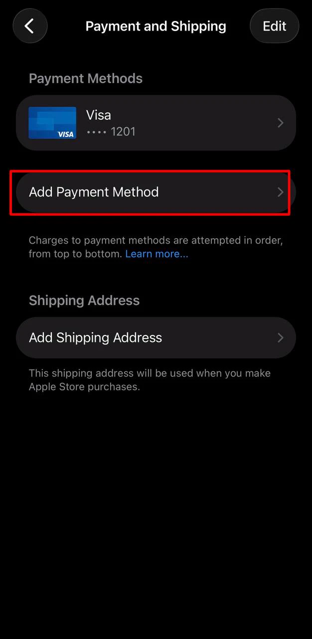 Кнопка Add Payment Method в разделе оплаты