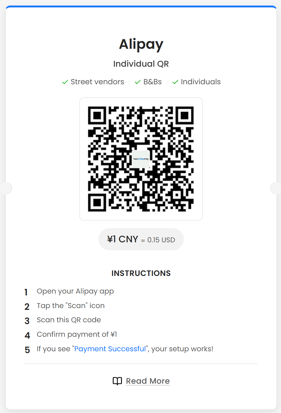 Тестовый QR-код Alipay на 1 юань