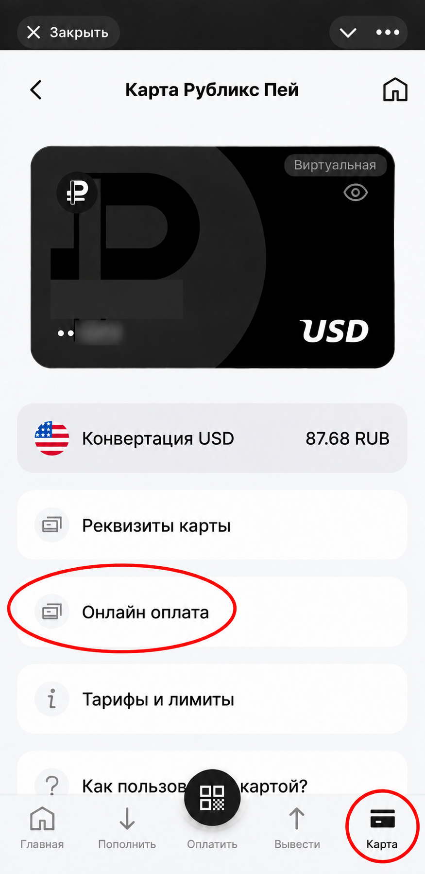 Раздел Онлайн оплата на экране карты Rublix