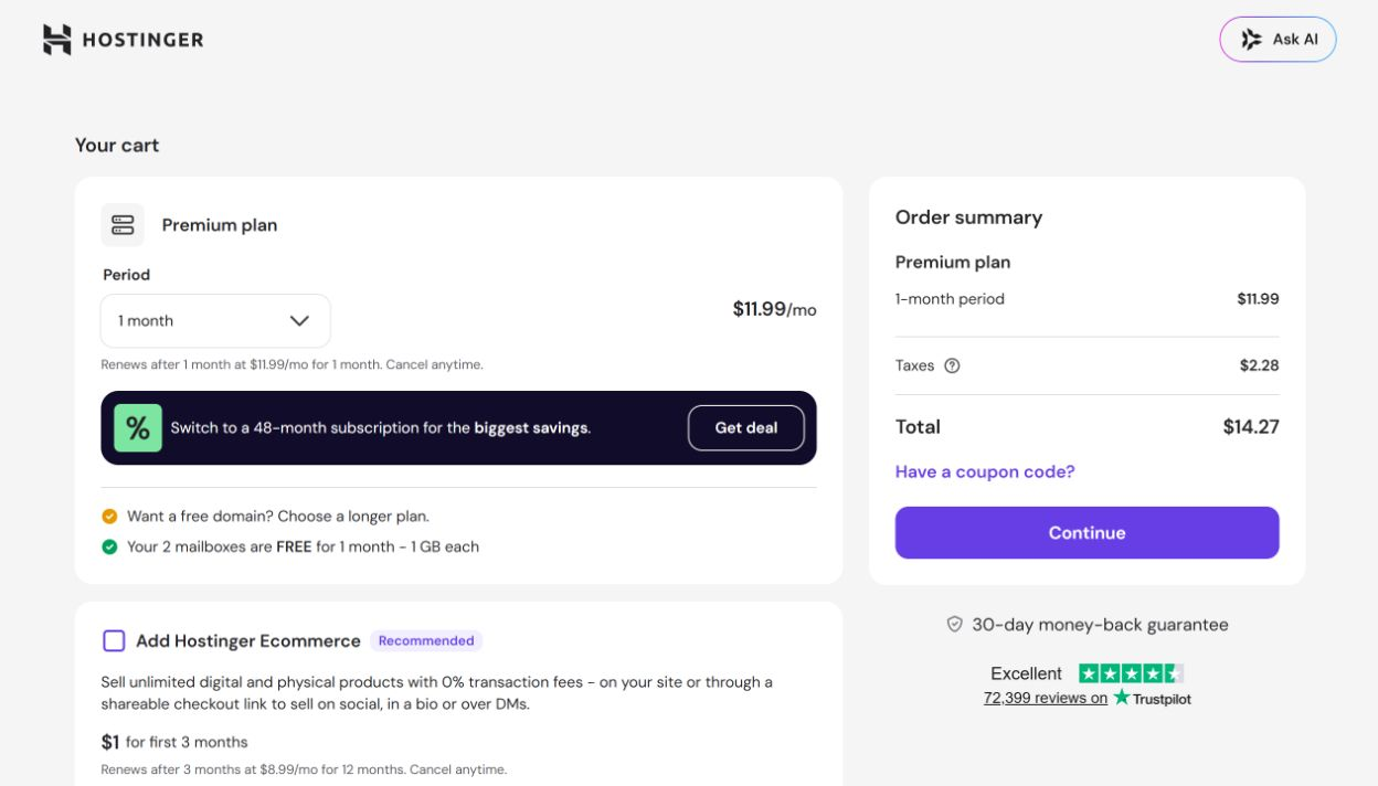 Корзина Hostinger с тарифом Premium на месяц, налогом и итогом $14.27