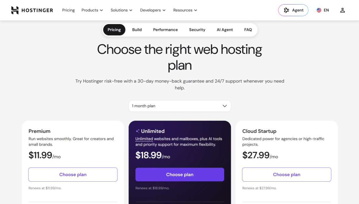 Тарифы Hostinger с выбранным сроком 1 month и кнопками Choose plan