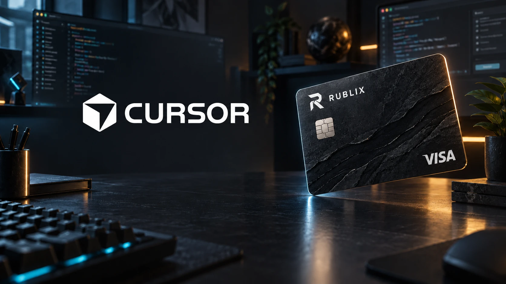 Редактор кода, знак Cursor и карта Rublix Visa
